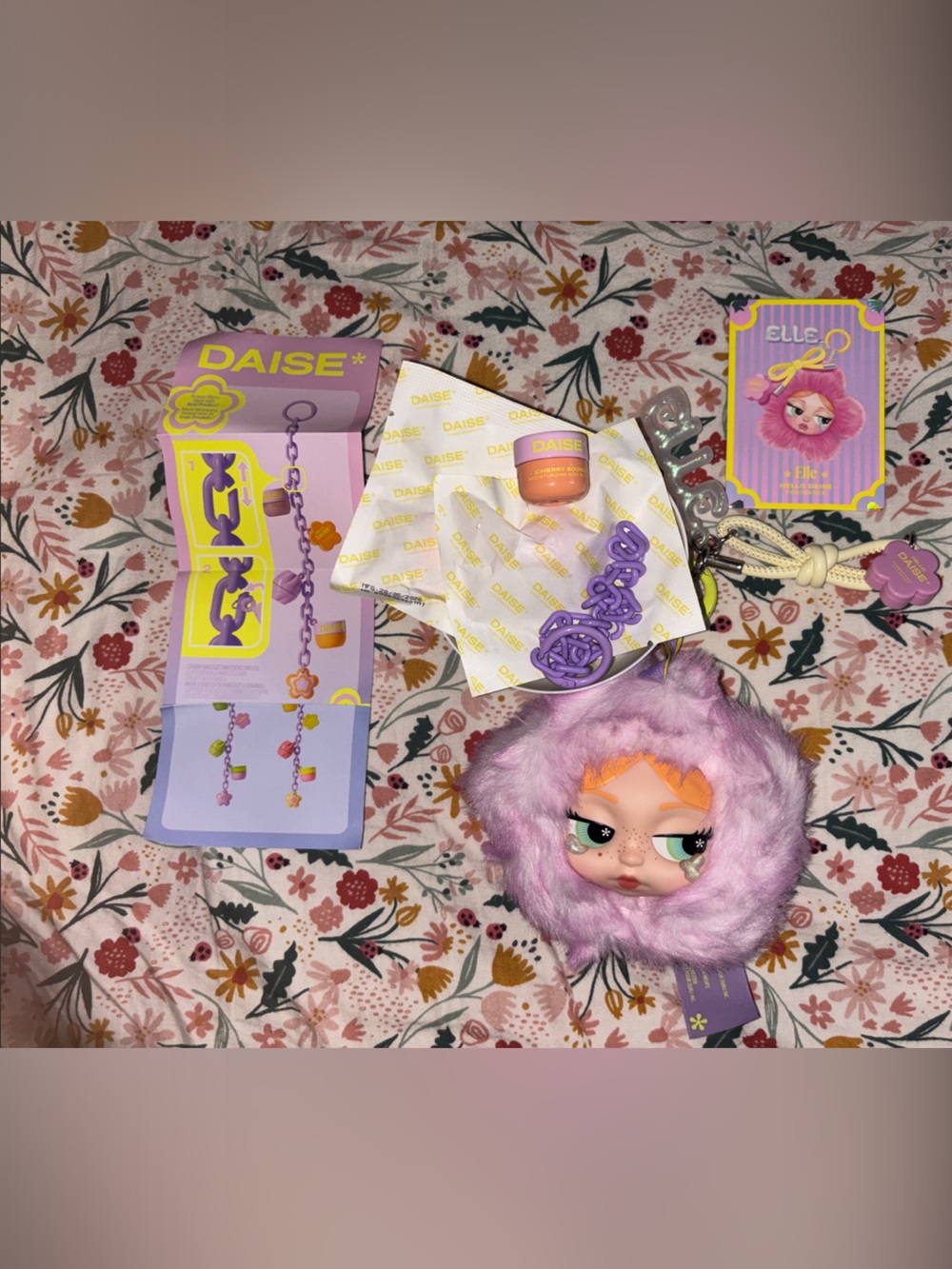 DAISE* DollFace Collection Ella Plush Keychain Charm - Pink Faux Fur Doll Opened